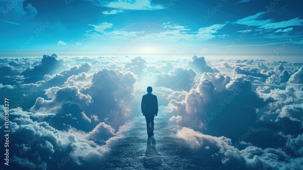Aufkleber a figure walks through a serene cloudscape, symbolizing introspection and exploration.