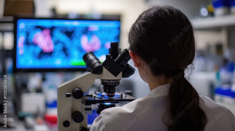 Poster scientist in laboratory observing microscopic specimens using advanced microscope
