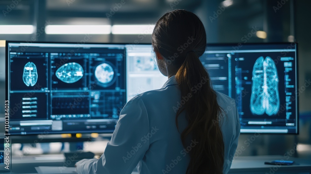 Poster back view of scientist analyzing brain and lung scans on computer screens in a laboratory