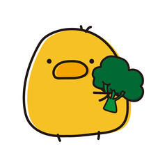 ブロッコリーを持ったまんまるひよこ © てがきっず