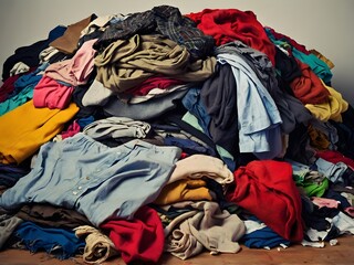 pile of dirty clothes to be washed in the bathroom