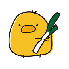 長ネギをもったまんまるひよこ © てがきっず