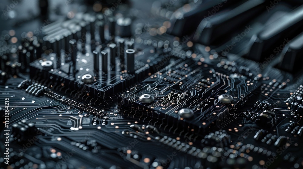 Poster close-up of a complex circuit board showcasing intricate components and connections.