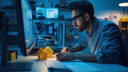 Innovative Engineer Designs 3D Models in High-Tech Office at Night Construction 3D Printing Designer