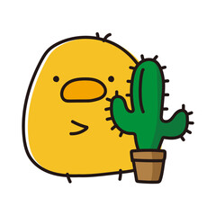 大きなサボテンに隠れているまんまるひよこ © てがきっず