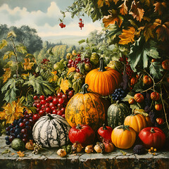 Harvest celebration of autumn produce scenic countryside still life art vibrant nature close-up view seasonal abundance
