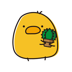 丸いサボテンを持っているまんまるひよこ © てがきっず