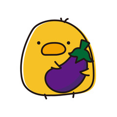 ナスを持っているまんまるひよこ © てがきっず