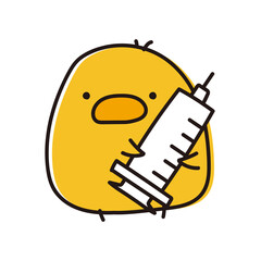 大きな注射器を持っているまんまるひよこ © てがきっず