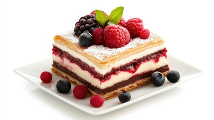 A mouthwatering multi-layered dessert with cream, fruit, and pastry displayed on a clean white background