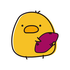 サツマイモを持っているまんまるひよこ © てがきっず