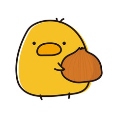 玉ねぎを持っているまんまるひよこ © てがきっず
