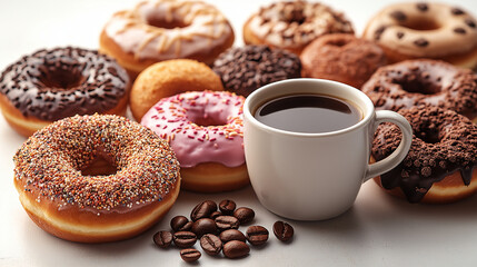 freshly baked chocolate, caramel and strawberry donuts and a cup of coffee on a white
