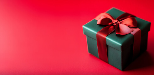 Obraz premium A beautifully wrapped green gift box with a vibrant red ribbon on a red background, perfect for Christmas or special occasions 