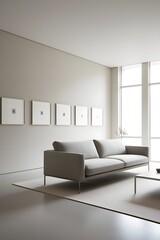 Neutral-Toned Minimalist Living Space with Artistic Touches featuring a neutral sofa, symmetrical framed artwork