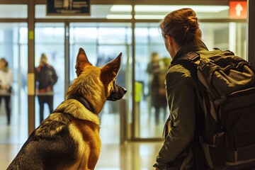 A well-trained K-9 dog standing confidently beside a australian border protection, customs officer at an international airport gate, representing safety and vigilance