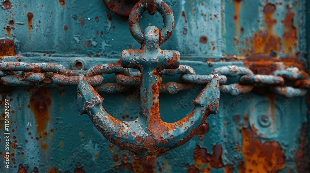 Poster a close-up of a rusty anchor and chain against a weathered background.
