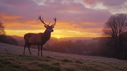 Fototapeta premium Majestic stag standing proudly in a serene meadow during a vibrant sunrise, silhouetted against the colorful sky with rolling hills in the background