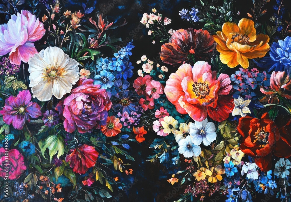 Poster vibrant floral composition featuring an array of colorful blooms against a dark background for artis