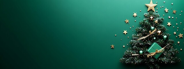 A green paper Christmas tree cutout adorned with red and white ornaments, stars, and a wrapped gift, conveying a festive holiday atmosphere and creative design,