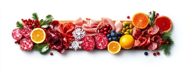 Crédence de cuisine Cuisine Festive Holiday Charcuterie Board with Creative Snowflake Patterns and Vibrant Food Illustrations on White Background  © PUKPIK
