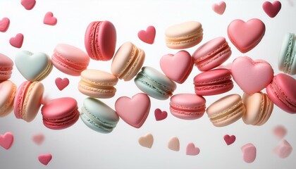 Fototapeta premium Pastel-hued heart-shaped macarons, floating in mid-air with vibrant appeal, perfect for bakery branding and Valentine’s promotions
