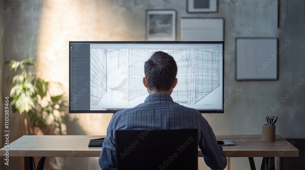 Poster architectural designer at work in modern office with large computer screen