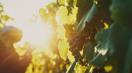 Sunlit Vineyard Scene Featuring Grapes and Green Leaves with a Silhouette of a Person Harvesting Fruit Under a Golden Glow of Nature's Light