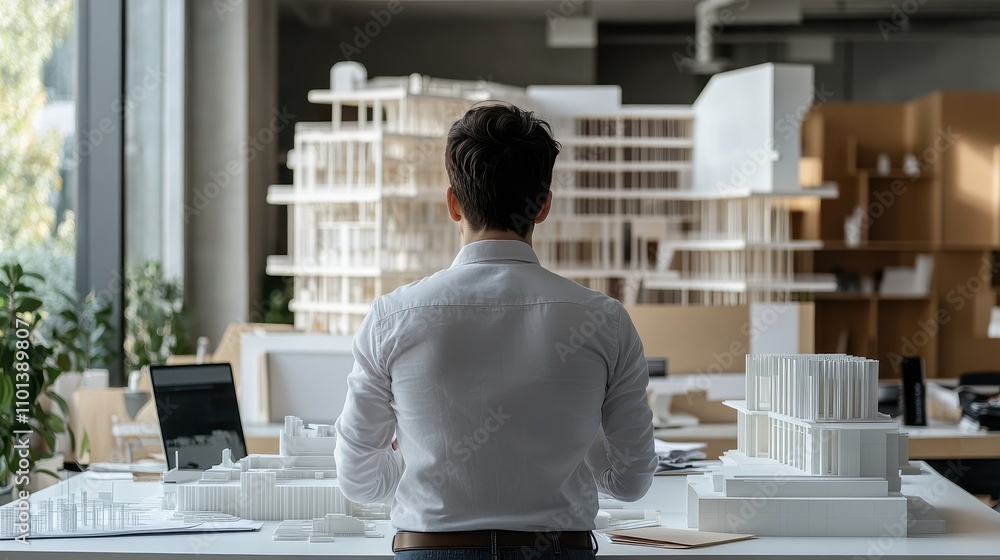 Poster architect designing models in modern office with tall building model