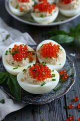 National Caviar Day Gourmet Deviled Eggs Topped with Red Caviar and Fresh Chives