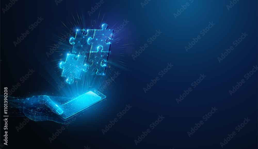 Poster abstract illustration of low poly jigsaw puzzle solving hologram over smartphone in hand. blue geome
