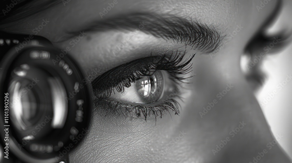 Poster a close-up of an eye with a camera lens, emphasizing focus and perspective.