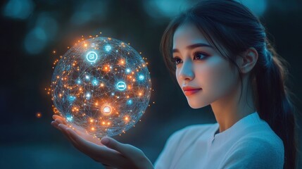 Naklejka premium A woman is holding a glowing ball with many icons on it. Generative AI