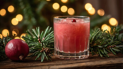Festive cranberry cocktail in rocks glass, garnished with cranberry, surrounded by evergreen branches and warm bokeh lights.