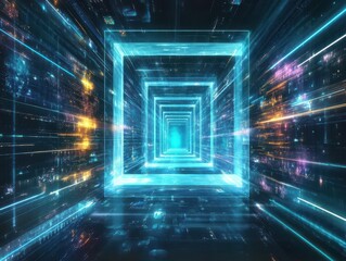 Futuristic Corridor with Glowing Time Portals Sci-Fi Environment Digital Art High-Tech Aesthetics Immersive Perspective for Creative Exploration
