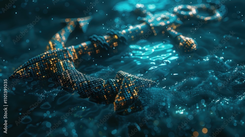 Poster a digital anchor submerged in shimmering water, illuminated by glowing particles.
