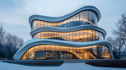 Modern, wave-shaped glass building at dusk.