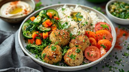 Fototapeta premium A vibrant plate featuring falafel, rice, fresh vegetables, and hummus.