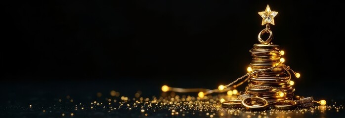 banner with copy space for text Jewelry fashion, luxury creative golden Christmas tree jewels, glamour beauty rings wearing expensive gold stylish Jewelry on black background.