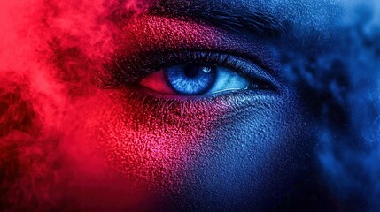 Naklejka premium Abstract Close-Up of Blue Eye with Red and Blue Lighting
