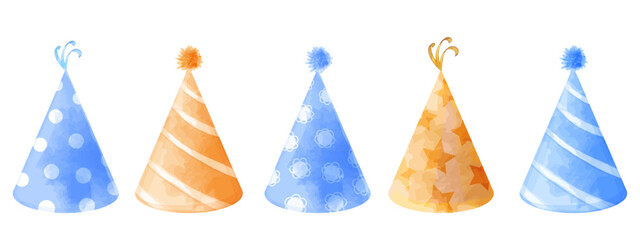 Clown caps in blue and yellow. Vector watercolor set of party hats for birthday, holiday