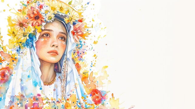 Virgin of Caacupe Day Colorful floral headdress watercolor portrait of pensive woman in traditional clothing