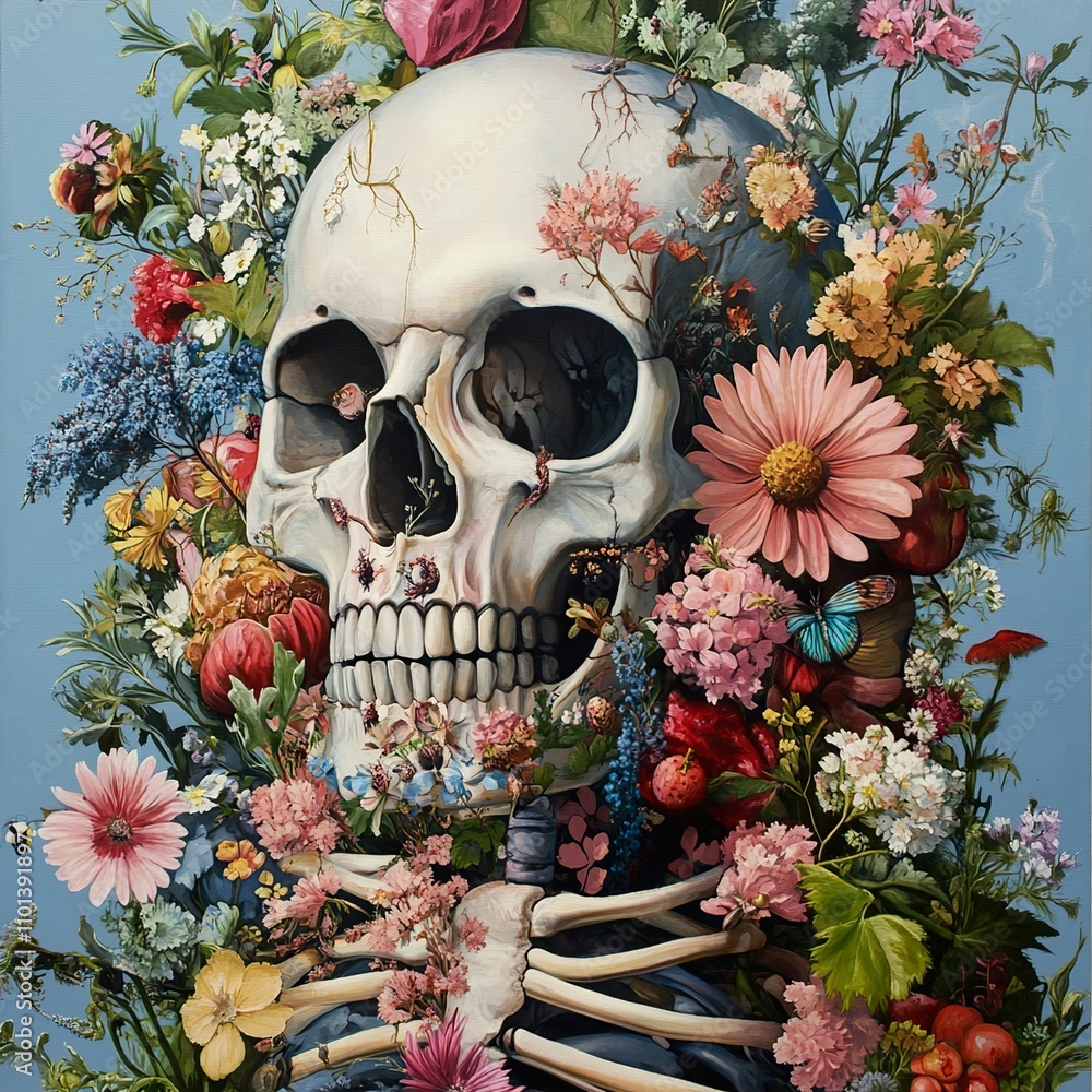 Wall mural Memento Mori: A Floral Skull Still Life Painting