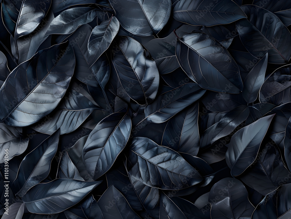 Poster overlapping deep black leaves create a textured, dramatic background, ideal for adding a hint of mys