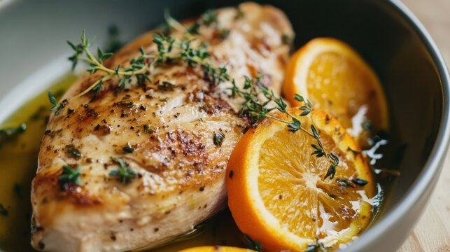 Gourmet lemon herb chicken with orange slices and thyme in rustic skillet - Powered by Adobe