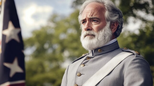 Robert E. Lee Day Historical reenactment of civil war soldier outdoors with american flag in background