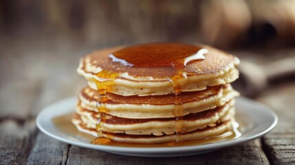 National Maple Syrup Day Delicious breakfast stack of fluffy pancakes drizzled with maple syrup on rustic wooden table
