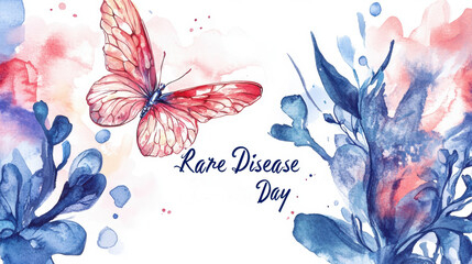 Rare Disease Day Rare disease day watercolor art with butterfly and floral elements for awareness campaigns