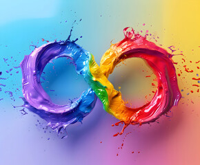 Fluid paint creating an infinity symbol in a rainbow palette, splashing and swirling against a gradient backdrop, representing acceptance and awareness of neurodiversity