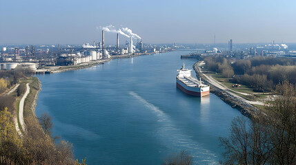 Industrial River, Cargo Ship Navigates Past Refinery on a Sunny Day